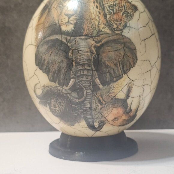 Decoupage Ostrich Egg African Big Five Crackle Finish On Stand African Art - Picture 7 of 10
